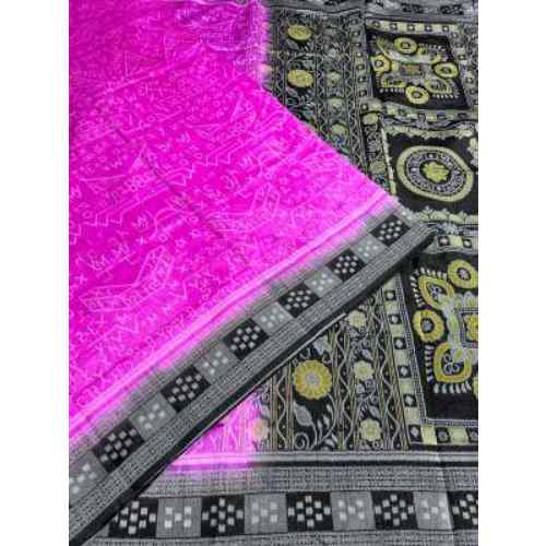 Fuchsia Pink with Black & Gold Border Mathematic Bangalore silk saree