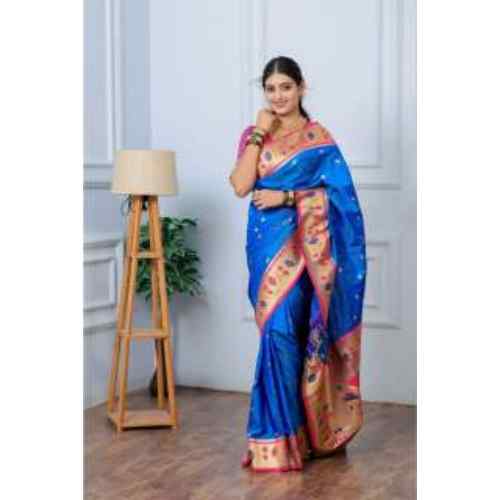 Teal Blue & Gold Premium Lotus Paithani