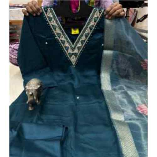 Teal Blue V-Neck Embroidered Saree Set