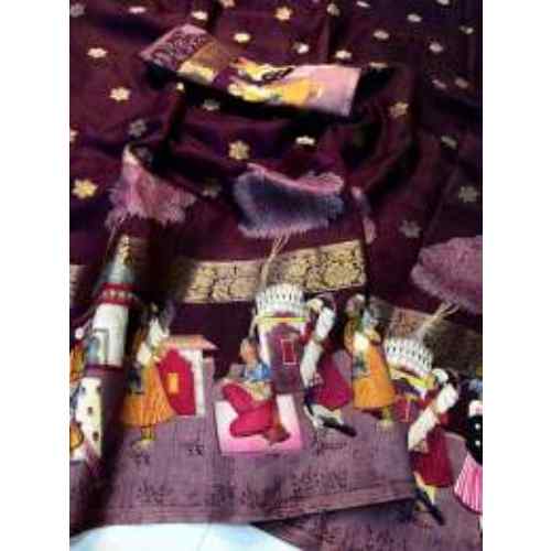 Wine Maroon Art Soft dola silk sarees with pen kalamkari design