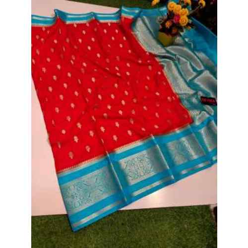 Cherry Red with Sky Blue & Gold Border Banarasi Semi Kataan Soft Silk Saree