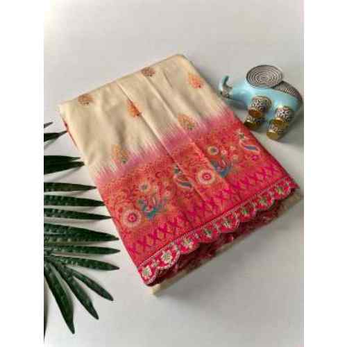 Cream / Off-White & Red Paithani Silk Saree