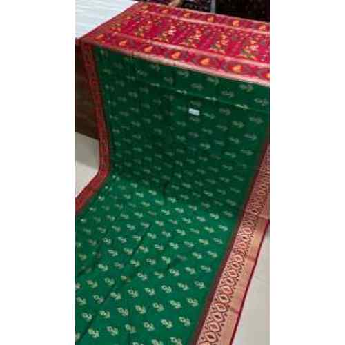 Emerald Green Soft Silk Saree – Rich emerald green shade with elegant gold woven motifs and a striking red border.