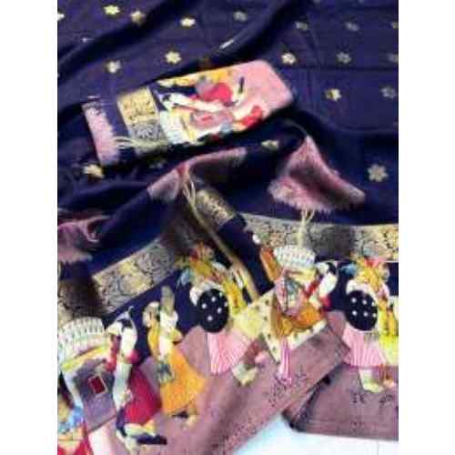 Royal Navy Blue Art Soft dola silk sarees with pen kalamkari design