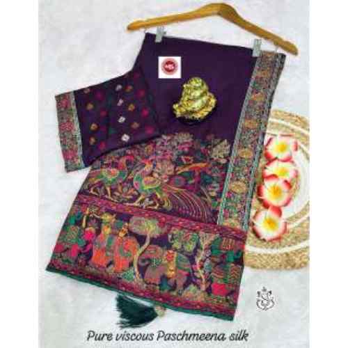 Royal Wine Purple Pure Pashmeena Silk Saree