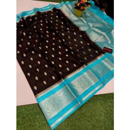 Jet Black with Turquoise Blue Border Banarasi Semi Kataan Soft Silk Saree