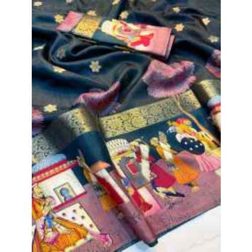 Teal Blue Art Soft dola silk sarees with pen kalamkari design