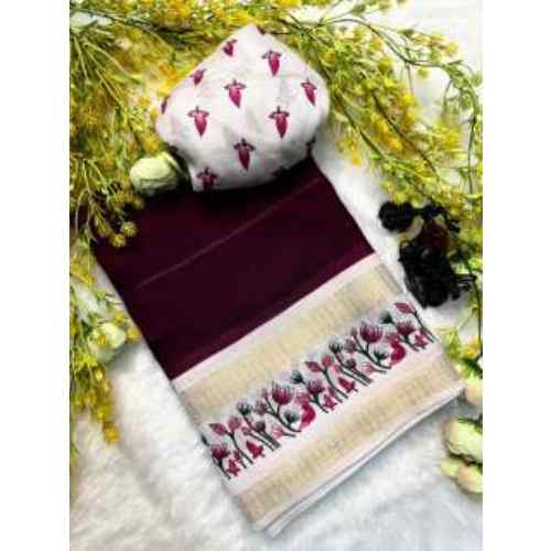 Wine Maroon Floral Border Saree