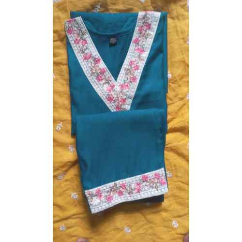 Teal Blue Floral Trim Kurti Set