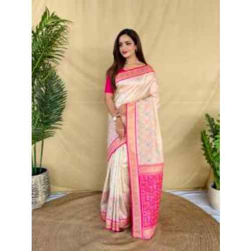 Ivory Soft Silk Saree with Multithread Zari Contrast Border & Rich Zari Contrast Pallu