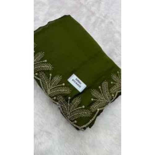 Olive Green Silk Saree – Earthy olive green silk highlighted with delicate gold floral embroidery on the border.