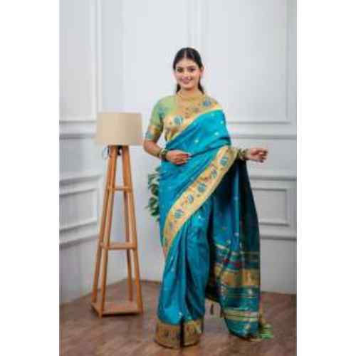 Cobalt Blue & Gold Premium Lotus Paithani